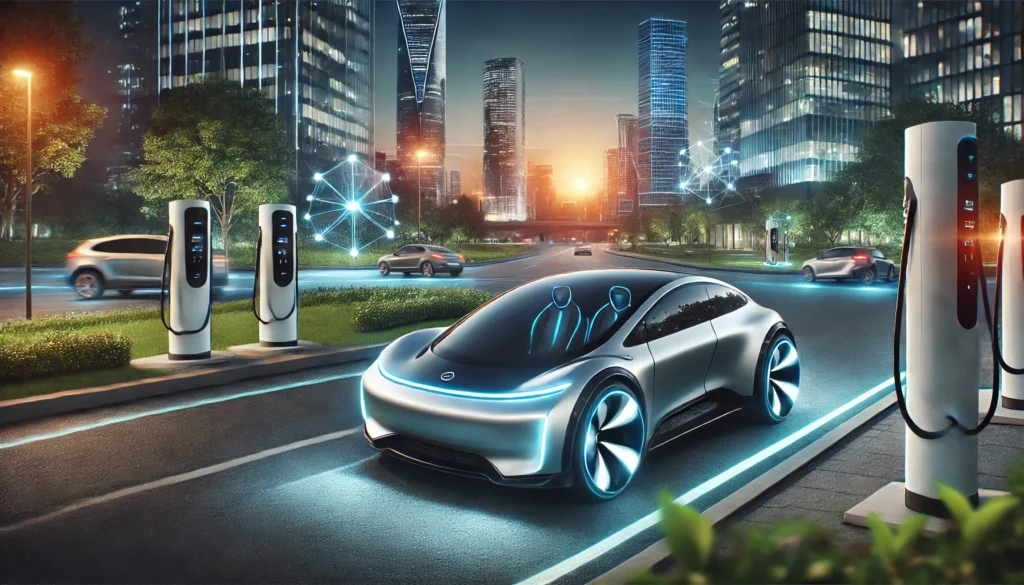 A sleek, futuristic electric vehicle driving through a modern cityscape