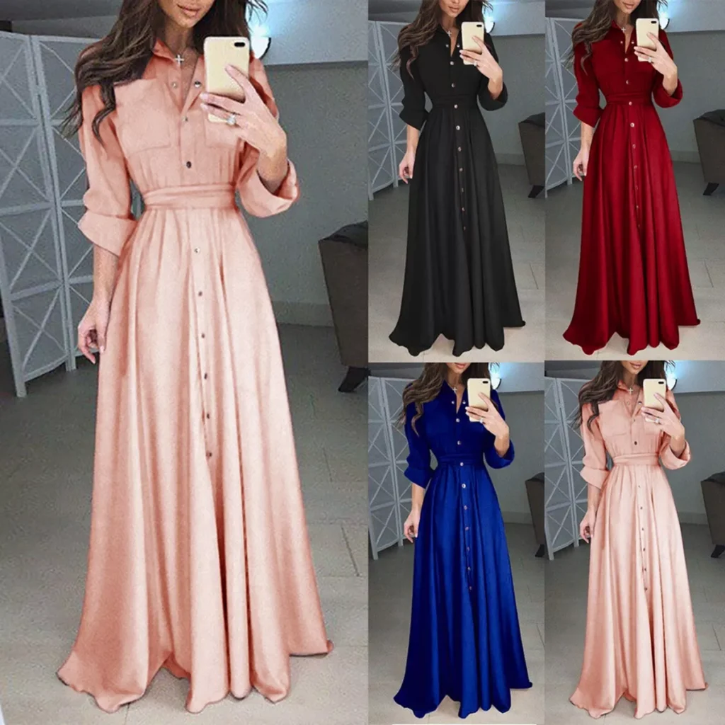 Womens Lady Casual Fashion Long Sleeve Lapel Maxi Long Dress Solid Shirt Dress